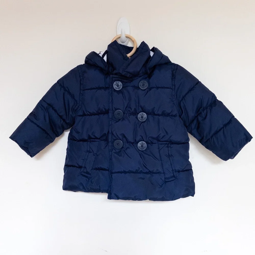 Baby GAP Puffer Jacket Navy Blue Hooded Quilted Peacoat Kids 12-18 Months